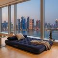 JILONG | King Navy Blue CloudCoil Flocked Air Mattress Set with Pillow and Double Action Hand Pump | 24697
