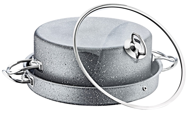 O.M.S. | Granite Maqluba 3 Pcs Cooking Set Tray With Handel 32 Cm Pot 28 Cm And Glass Lid Gray | TOM010