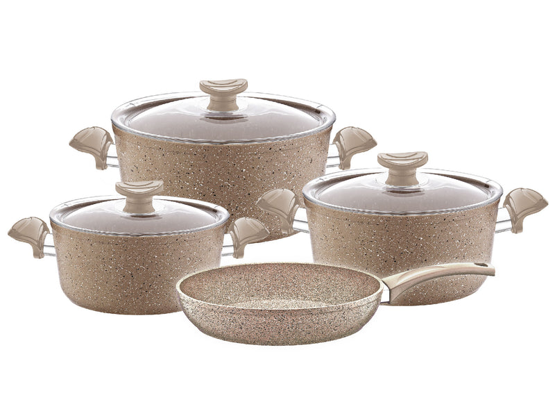 O.M.S. | Granite 7 Pcs Cooking Set Pots 28+24+20cm + Frypan 24cm With Glass Lid Beige | TOM015