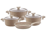 O.M.S. | Granite 7 Pcs Cooking Set Pots 28+24+20cm + Frypan 24cm With Glass Lid Beige | TOM015