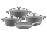 O.M.S. | Granite 7 Pcs Cooking Set Pots 28+24+20cm + Frypan 24cm With Glass Lid Gray | TOM017