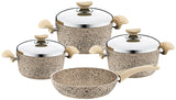 O.M.S. | Granite 7 Pcs Cooking Set Pots 28+24+20cm + Fry Pan 24cm With SS Lid Beige | TOM018