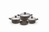 O.M.S. | Granite 7 Pcs Cooking Set Pots 28+24+20cm + Fry Pan 24cm With SS Lid Black | TOM018