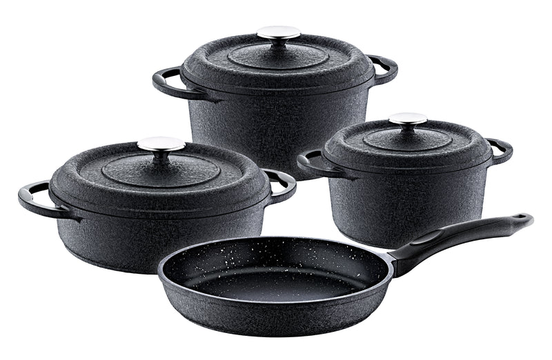 O.M.S. | Die-cast Quartz Prime 7 Pcs Cooking Set Pots 26+24+20cm + Frypan 26cm Black | TOM022