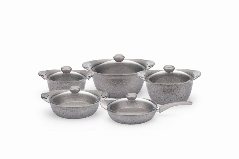 O.M.S. | Granite 10 Pcs Cooking Set With Glass Lid Pots 28+24+20 Cm + Shallow Pot 26 Cm + Frypan With Glass Lid 26 Cm Gray | TOM027