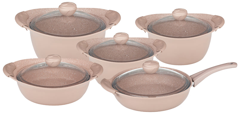 O.M.S. | Granite 10 Pcs Cooking Set With Glass Lid Pots 28+24+20 Cm + Shallow Pot 26 Cm + Frypan With Glass Lid 26 Cm Brown | TOM028