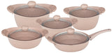 O.M.S. | Granite 10 Pcs Cooking Set With Glass Lid Pots 28+24+20 Cm + Shallow Pot 26 Cm + Frypan With Glass Lid 26 Cm Brown | TOM028