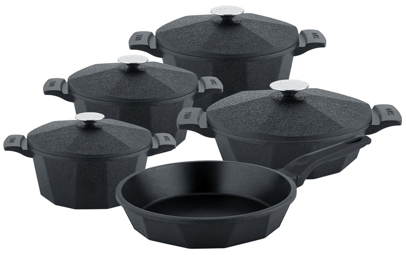 O.M.S. | Die-Cast Dodeca Quartz 9 Pcs Cooking Set Pots 28+24+20 Cm + Shallow Pot 26 Cm + Frypan 28 Cm Black | TOM033