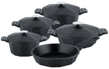 O.M.S. | Die-Cast Dodeca Quartz 9 Pcs Cooking Set Pots 28+24+20 Cm + Shallow Pot 26 Cm + Frypan 28 Cm Black | TOM033