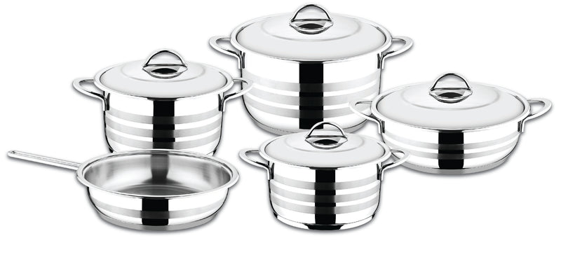 O.M.S. | 9 Pcs Stainless Steel Cookware Set Pots 16+22+24+ Low Pot 24+ Frypan 24 Cm | TOM044