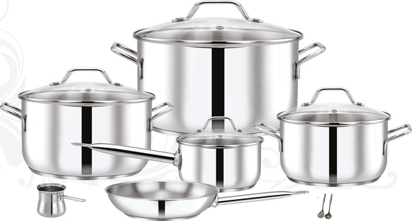 PRADEEP | 12 PCS Stainless Steel Cookware Set Glass Lid Pots 28+24 +20 CM+ Fry Pan 24 + SaucePan 16 CM + Coffee Pot + 2 PCS Kitchen Tools | TPR033