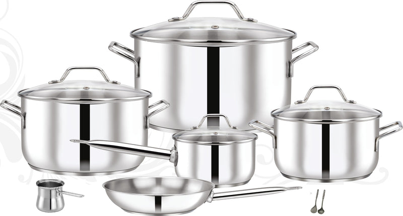 PRADEEP | 12 PCS Stainless Steel Cookware Set Glass Lid Pots 28+24 +20 CM+ Fry Pan 24 + SaucePan 16 CM + Coffee Pot + 2 PCS Kitchen Tools | TPR033