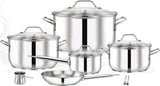 PRADEEP | 12 PCS Stainless Steel Cookware Set Glass Lid Pots 28+24 +20 CM+ Fry Pan 24 + SaucePan 16 CM + Coffee Pot + 2 PCS Kitchen Tools | TPR033