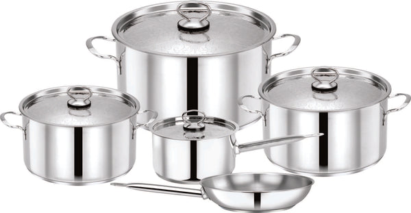 PRADEEP | 9 Pcs Stainless Steel Cookware Set Design Lid Pots 28 + 24 + 20cm + 18cm Saucepan With Design Lid + 24cm Fry Pan | TPR034
