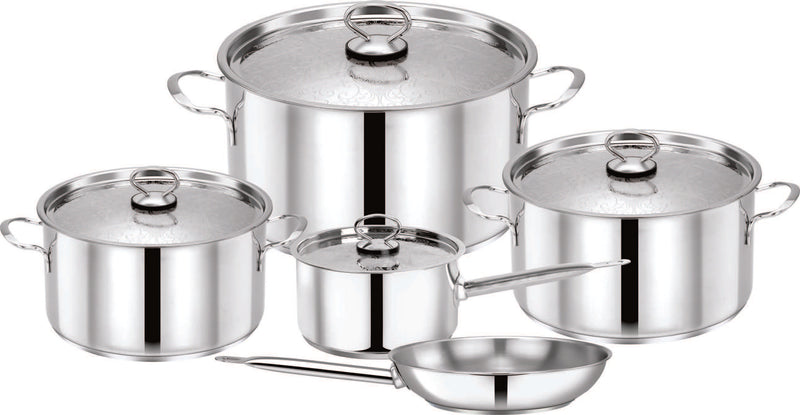 PRADEEP | 9 Pcs Stainless Steel Cookware Set Design Lid Pots 28 + 24 + 20cm + 18cm Saucepan With Design Lid + 24cm Fry Pan | TPR034