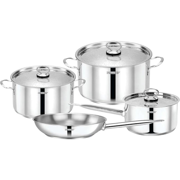 PRADEEP | 7 Pcs Triply Cooking Set With Design Lid (Pots 16 ×8.5 + 20 × 11 + 24 × 13) + Fry Pan 24 X 5 Cm | TPR114