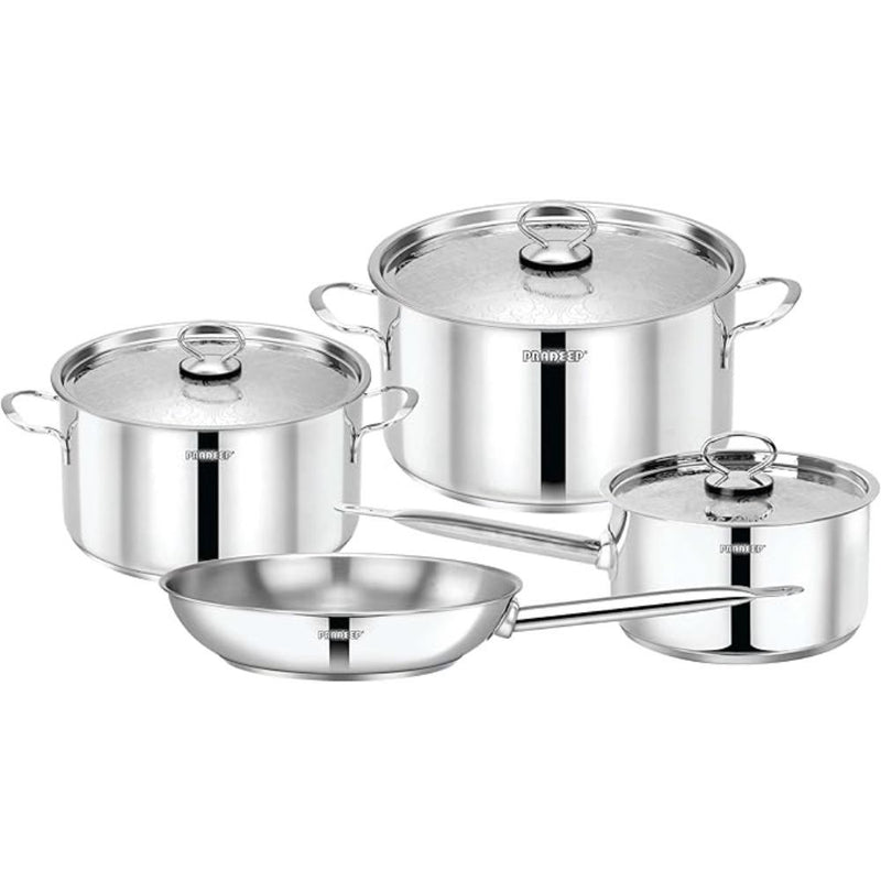 PRADEEP | 7 Pcs Triply Cooking Set With Design Lid (Pots 16 ×8.5 + 20 × 11 + 24 × 13) + Fry Pan 24 X 5 Cm | TPR114