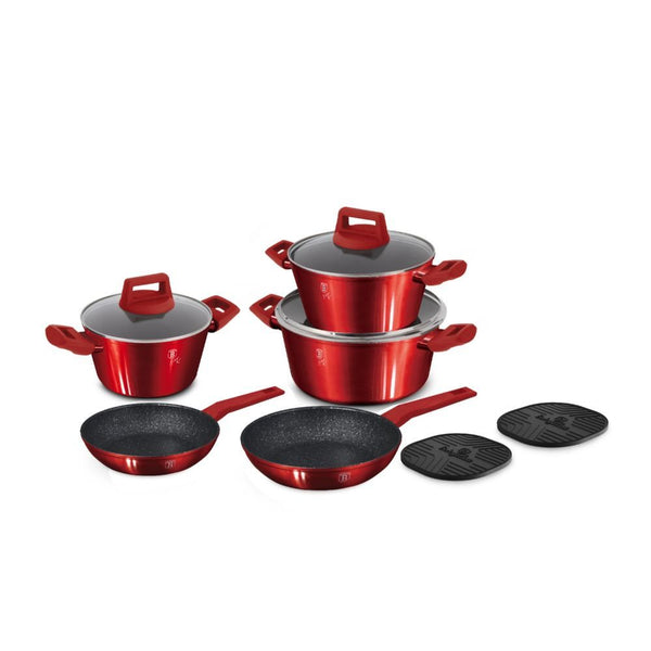 BERLINGER | Haus Granite 10 Pcs Cookware Set Frypan 20 + 24 Cm + Casseroles With Lids 20 Cm (2.2 L) + 24 Cm (3.5 L) + 28 Cm (5.35 L) + 2 Pcs Heat Mat Blue | TBH324