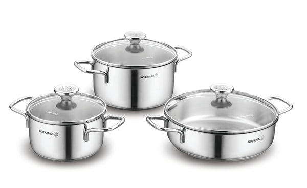 KORKMAZ | Alia Cookware 6 Pcs Set Pots With Glass Lids 16 + 20 + 24 CM | TKO099