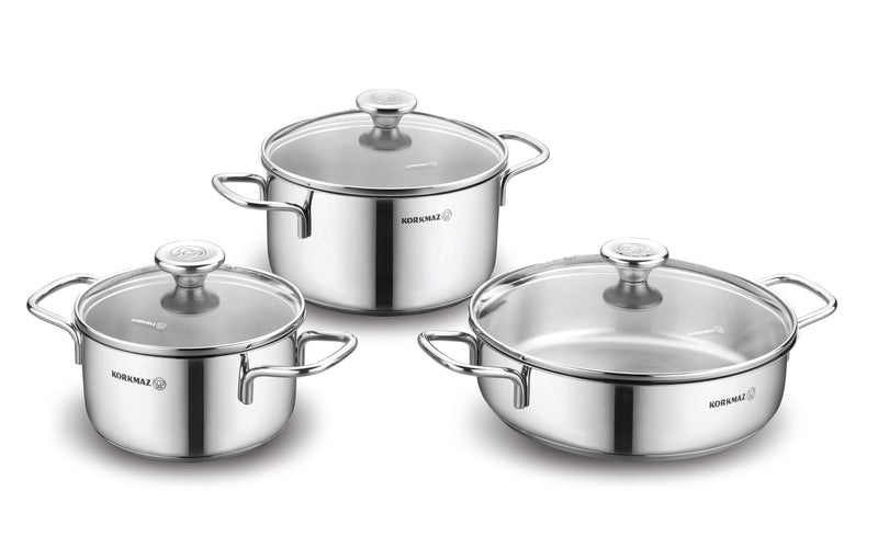 KORKMAZ | Alia Cookware 6 Pcs Set Pots With Glass Lids 16 + 20 + 24 CM | TKO099