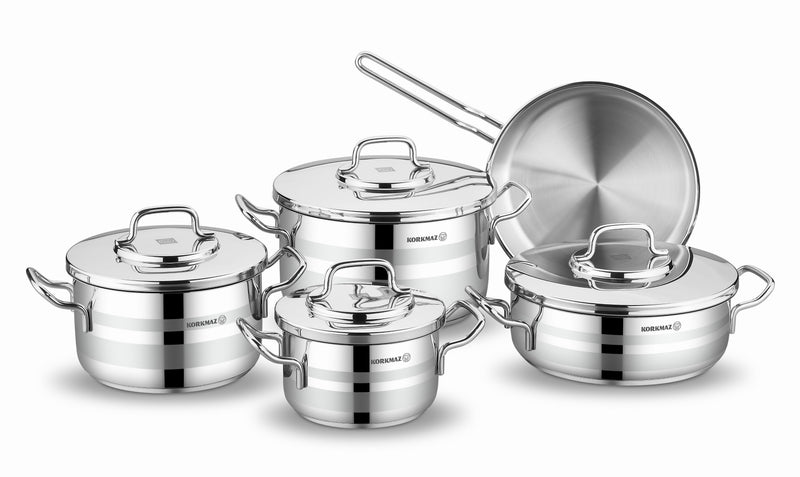 KORKMAZ | Astra 2 Cookware 9 PCS Set Pots With S/S Lids 16 + 20 + 24 CM + 24 CM Low Casserole + 24 CM Frypan | TKO100