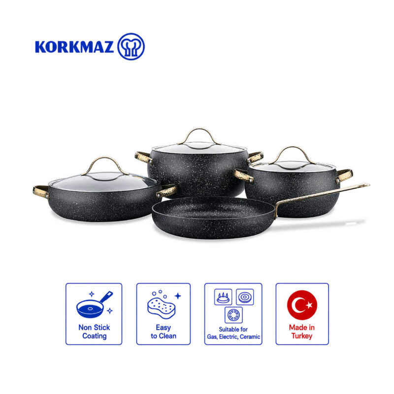KORKMAZ | COOKWARE 7 PCS SET POTS WITH GLASS LID 20 + 24 + 26 CM + FRYPAN 26 CM