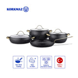 KORKMAZ | COOKWARE 7 PCS SET POTS WITH GLASS LID 20 + 24 + 26 CM + FRYPAN 26 CM