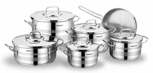 KORKMAZ | Astron Cookware 11 Pcs Set Pots With S/S Lids 18 + 20 + 24 + 28 CM + 26 CM Low Cassrole + 24 CM Frypan | TKO129