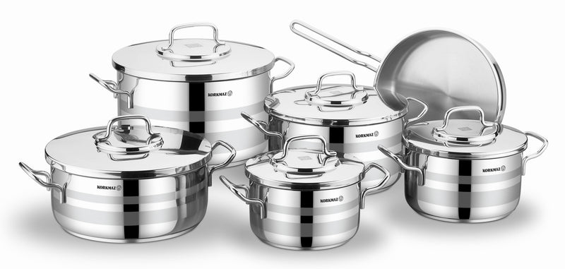 KORKMAZ | Astron Cookware 11 Pcs Set Pots With S/S Lids 18 + 20 + 24 + 28 CM + 26 CM Low Cassrole + 24 CM Frypan | TKO129