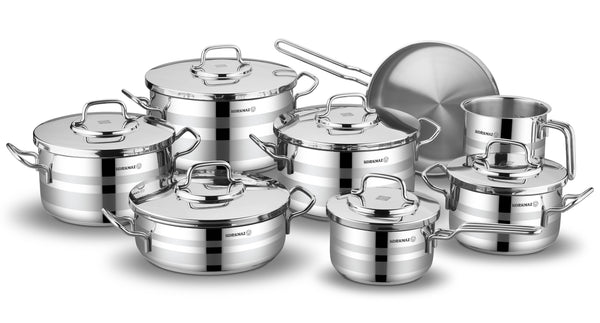 KORKMAZ | Astron Cookware 14 PCS Set Pots With S/S LIDS 18 + 22 + 26 + 30 CM + 26 CM Low Cassrole + 24 CM Frypan + 14 CM Milkpan + 16 CM Saucepan W/LID | TKO130