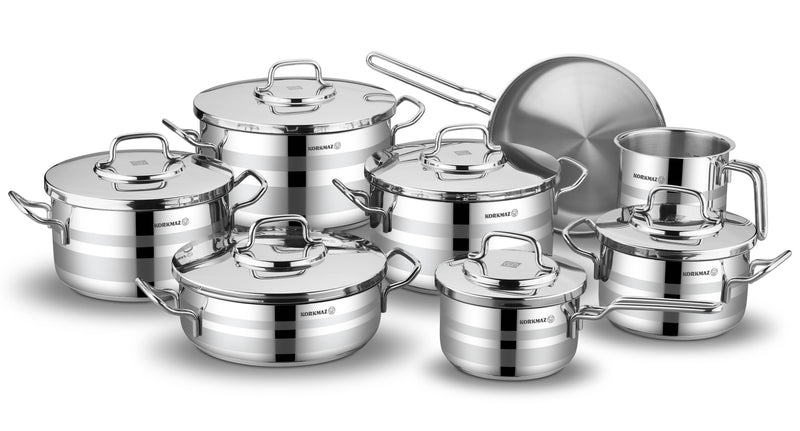 KORKMAZ | Astron Cookware 14 PCS Set Pots With S/S LIDS 18 + 22 + 26 + 30 CM + 26 CM Low Cassrole + 24 CM Frypan + 14 CM Milkpan + 16 CM Saucepan W/LID | TKO130