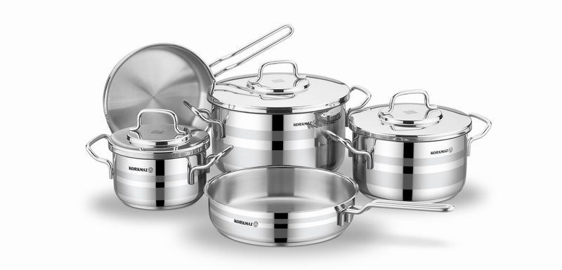 KORKMAZ | Astron Cookware 8 PCS Set Pots With S/S Lids 14 + 16 + 18 + 22 + 26 + 30 CM + 26 CM Low Casserole + 24 CM Frypan | TKO132