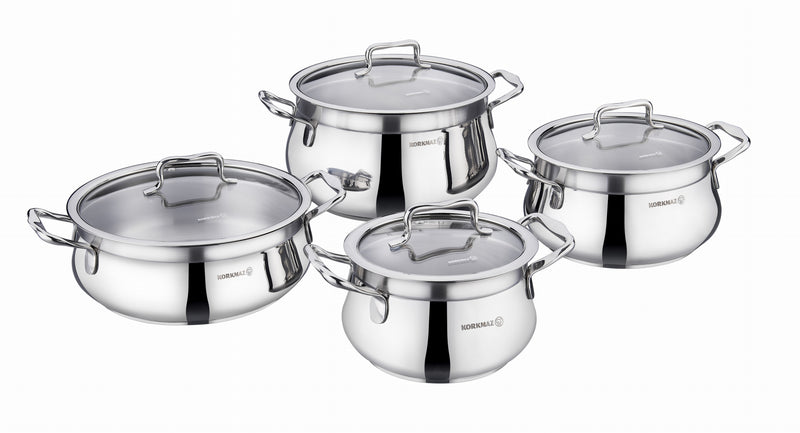 KORKMAZ | Estima Cookware 8 PCS Set Pots With Glass Lids  16 + 20 + 24 CM + 24 CM Low Cassrole | TKO194