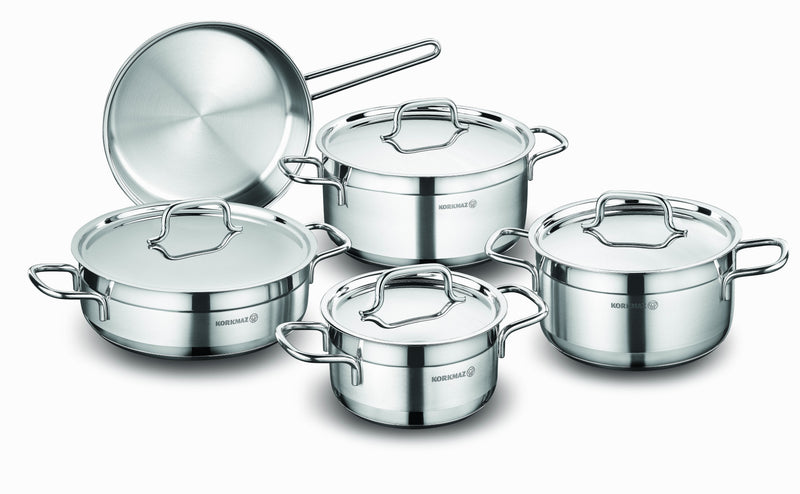 KORKMAZ | Alfa Cookware 9 PCS Set Pots With S/S Lids 16 + 20 + 24 + 24 CM Low Casserole + 24 CM Frypan | TKO213
