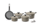 NEOFLAM | 11 PCS DIE-Cast Pote A Set (Casserole 20+22+24+26 CM) + Frypan 26 CM + Silicone Grips 2 PCS Warm Beige Marble Color | TNE005