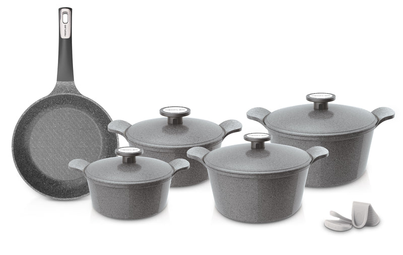 NEOFLAM | 11 PCS Die-Cast Pote A Set Casseroles 20+22+24+26 CM + Frypan 26 CM + Silicone Grips 2 PCS Grey Marble Color | TNE006
