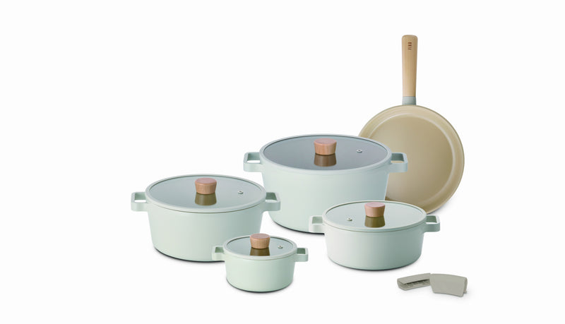 NEOFLAM | 11 Pcs Fika Set(Casserole 16+22+24+26 CM With Glass Lids) + Frypan 24 CM Induction Bottom + Silicone Grips 2 PCS Sahara Sands Coloe | TNE012