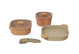NEOFLAM | 7 Pcs Fika Object Comfort Set Square (Casserole 16 Cm + Low Casserole 20 Cm + Square Frypan 25 Cm + Silicone Rim Glass Lids 16 Cm, 20 Cm + Detachable Handle + Wood Grip 2 Pcs + Fabric Pan Protector 1 Pc Terracotta Marble | TNE015