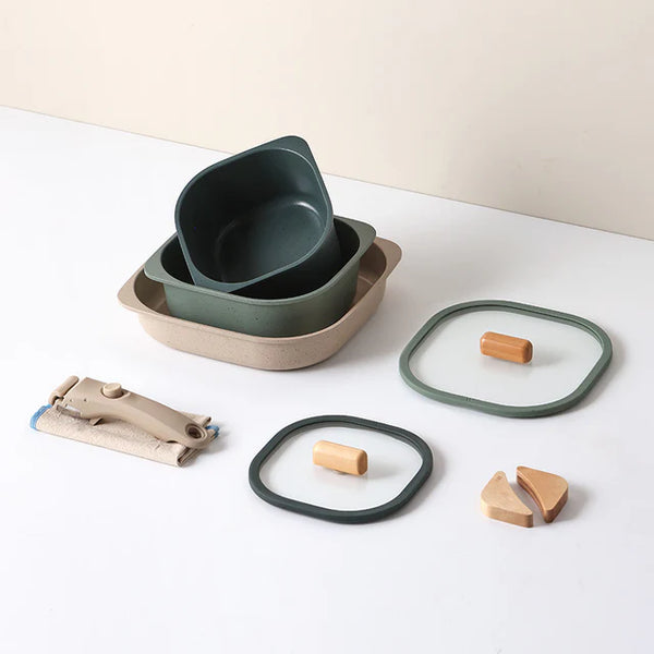 NEOFLAM |7 Pcs Fika Object Comfort Set Square (Casserole 16 Cm + Low Casserole 20 Cm + Square Frypan 25 Cm + Silicone Rim Glass Lids 16 Cm, 20 Cm + Detachable Handle + Wood Grip 2 Pcs + Fabric Pan Protector 1 Pc Green Fresh Color | TNE016