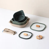 NEOFLAM |7 Pcs Fika Object Comfort Set Square (Casserole 16 Cm + Low Casserole 20 Cm + Square Frypan 25 Cm + Silicone Rim Glass Lids 16 Cm, 20 Cm + Detachable Handle + Wood Grip 2 Pcs + Fabric Pan Protector 1 Pc Green Fresh Color | TNE016