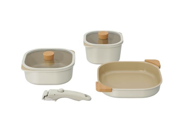 NEOFLAM | 7 Pcs Fika Object Comfort Set Square (Casserole 16cm + Low Casserole 20cm + Square Frypan 25cm + Silicone Rim Glass Lids 16cm, 20cm + Detachable Handle + Wood Grip 2 Pcs + Fabric Pan Protector 1 Pc Off-White | TNE017