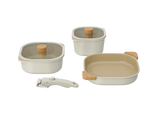 NEOFLAM | 7 Pcs Fika Object Comfort Set Square (Casserole 16cm + Low Casserole 20cm + Square Frypan 25cm + Silicone Rim Glass Lids 16cm, 20cm + Detachable Handle + Wood Grip 2 Pcs + Fabric Pan Protector 1 Pc Off-White | TNE017