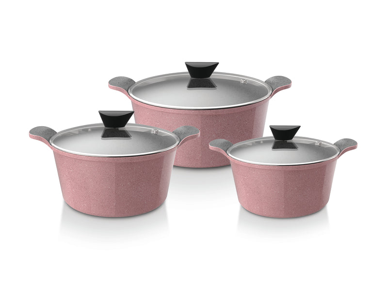 NEOFLAM | Venn 6 Pcs Set Casseroles 24 + 26 + 28 Cm Pink Marble Color | TNE028