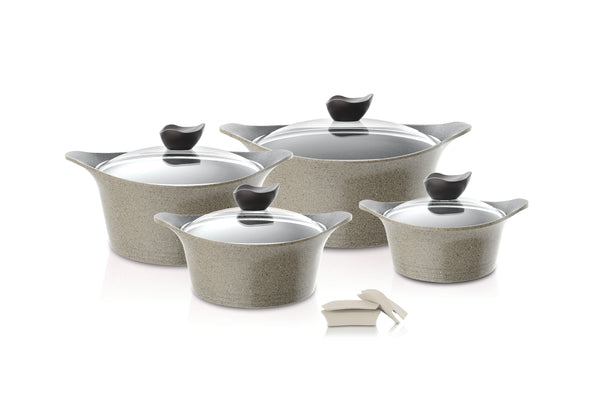 NEOFLAM | Aeni 8 Pcs Cookware Set With Glass Lids Type 2 Cassroles 18+22+26+30CM + Silicone Grips | TNE032