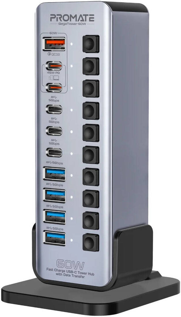 PROMATE | 285W Ultra Fast Ganfats Multiport Desktop Charging Station With 65 W PD | GEGATOWER-60W.UK