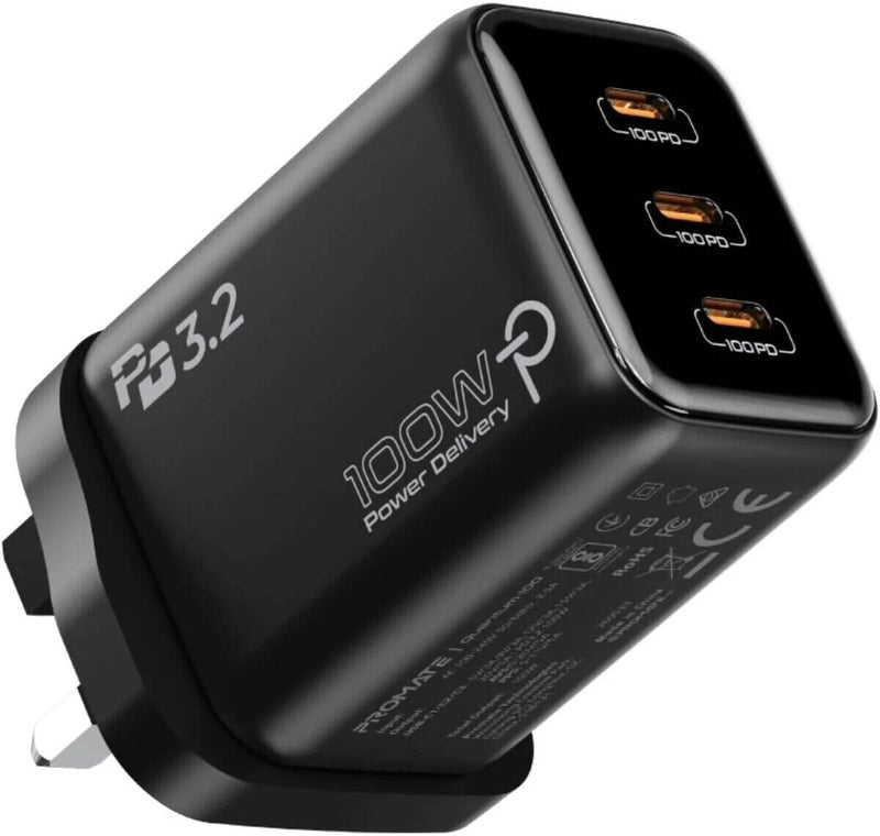 PROMATE | 100W PD Wall Charger With AI Temerature Control Black | QUANTUM-100.BLACK.UK