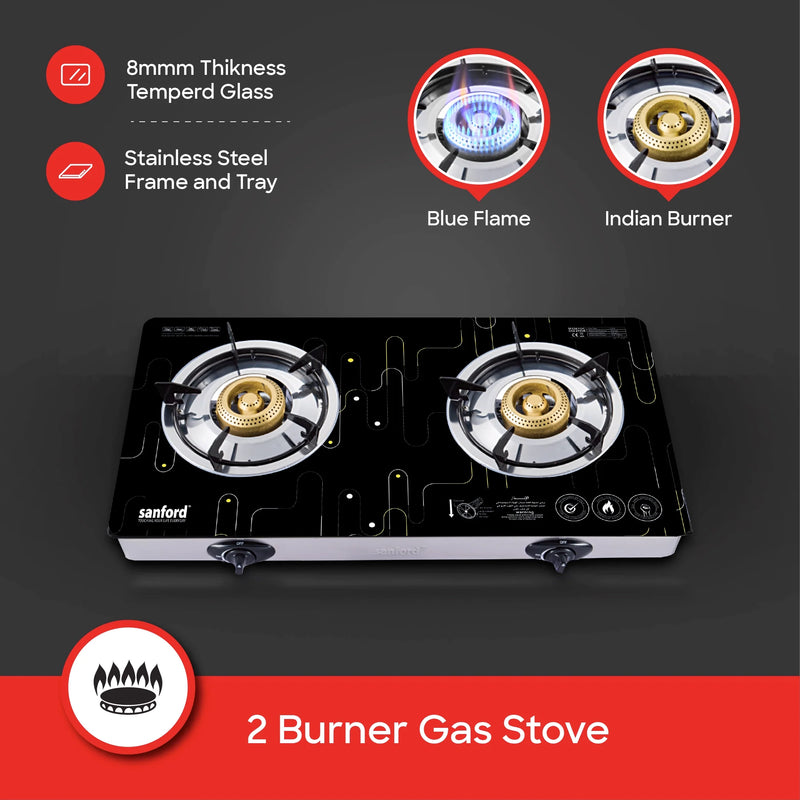SANFORD | 2-Burner Gas Stove With 8mm Tempered Glass Panel and Heavy Cast Iron Burner | SF5361GC