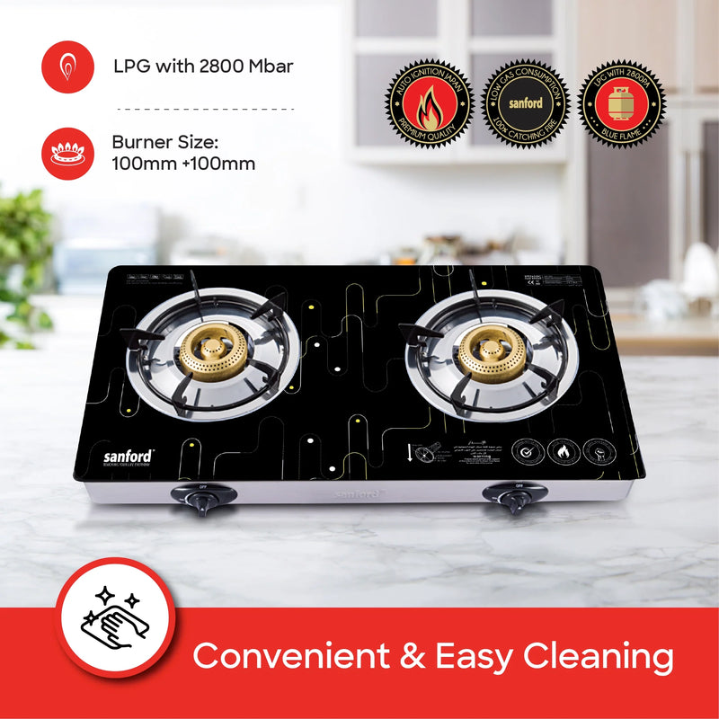 SANFORD | 2-Burner Gas Stove With 8mm Tempered Glass Panel and Heavy Cast Iron Burner | SF5361GC