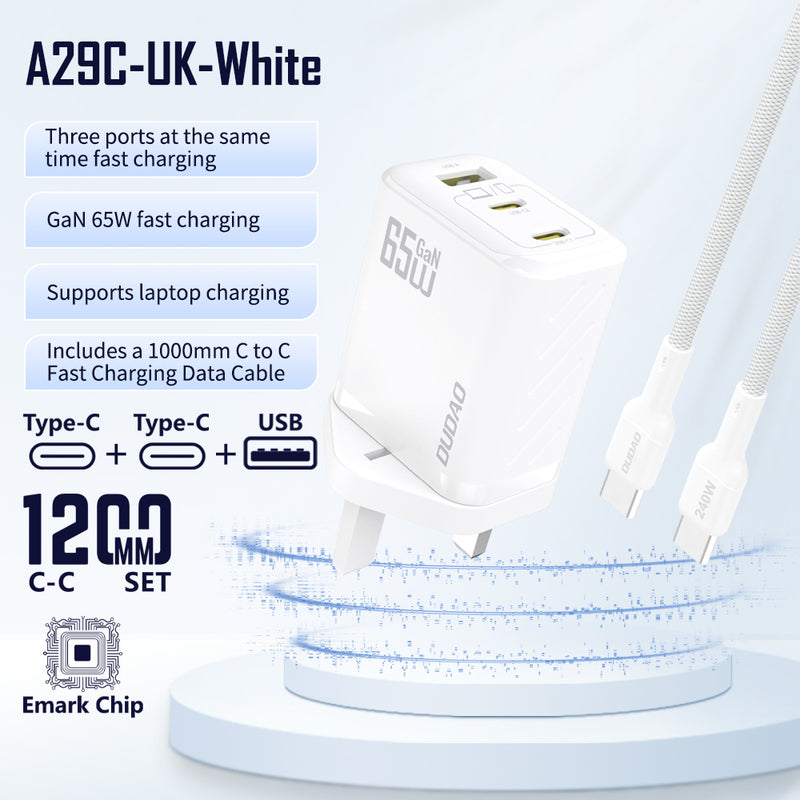 DUDAO | Home Charger PD65W USB-A+C+C With Type C TO C Cable White | A29CUK-W