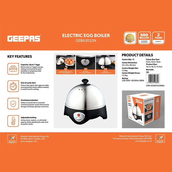 GEEPAS | Electric Egg Bolier 7 Egg Capacity 360W | GEB63032UK